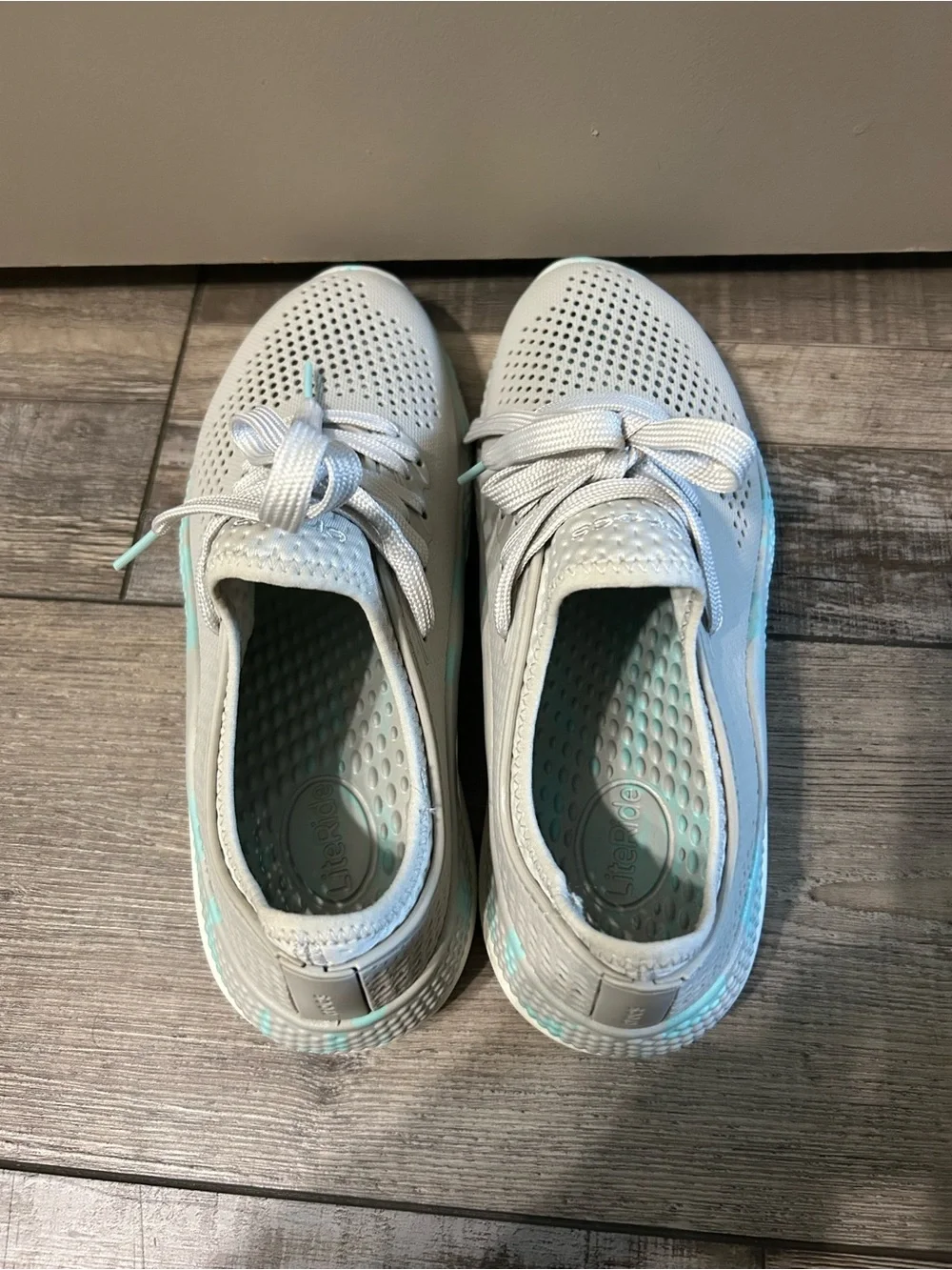 grey and marbled aqua Crocs LiteRide 360 Pacer sneakers